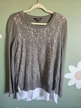 Simply Vera Vera Wang Ribbed Knit Crewneck Sweater in Taupe Gray